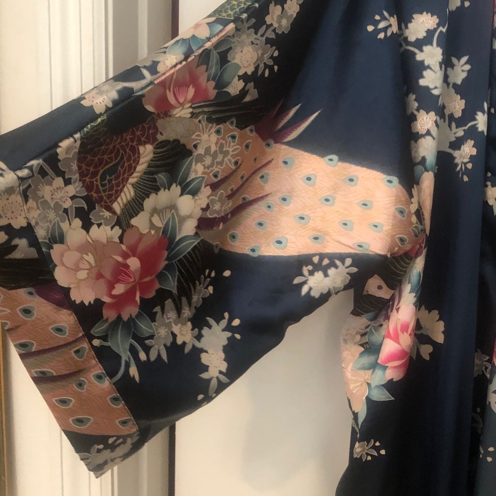 Navy Floral Satin Kimono Robe - Picture 3 of 5